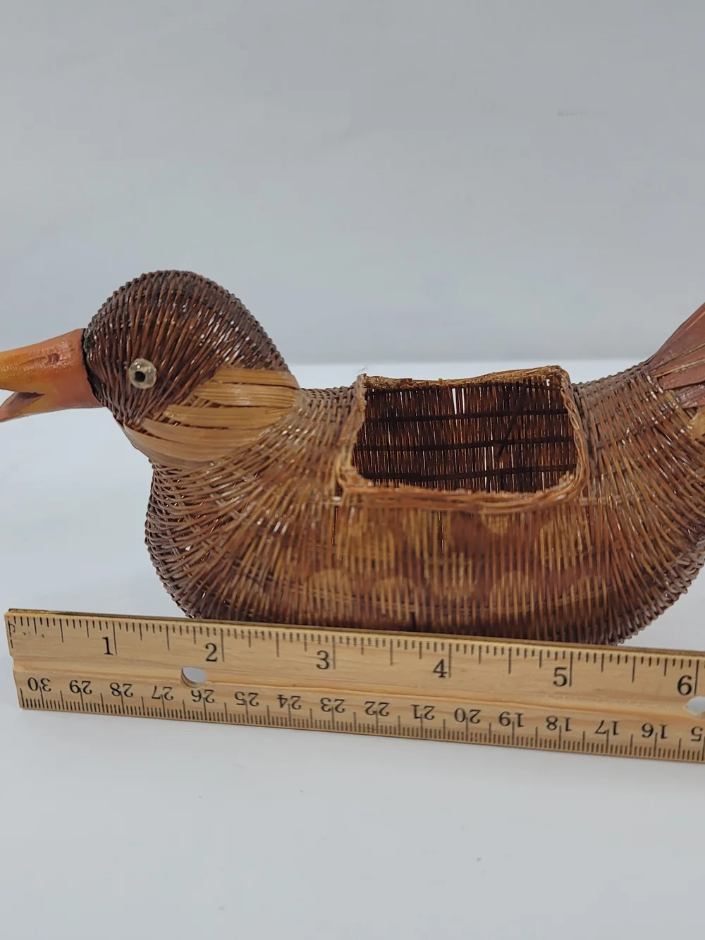 Vintage Wicker Duck Basket Carved Bill